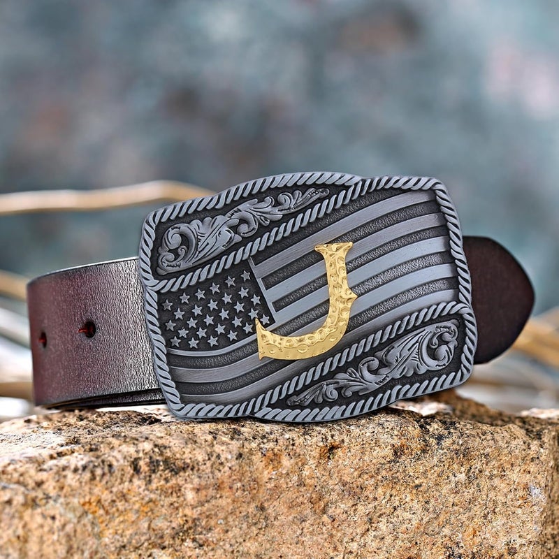 Fibbadet Store Western Cowboy Initial Letters A-Z American Flag Belt Buckle for Men Fathers Day Boyfriend Husband - Image 2
